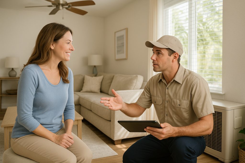 Homeowner discusses heat pump repair vs replacement with technician in Sarasota living room