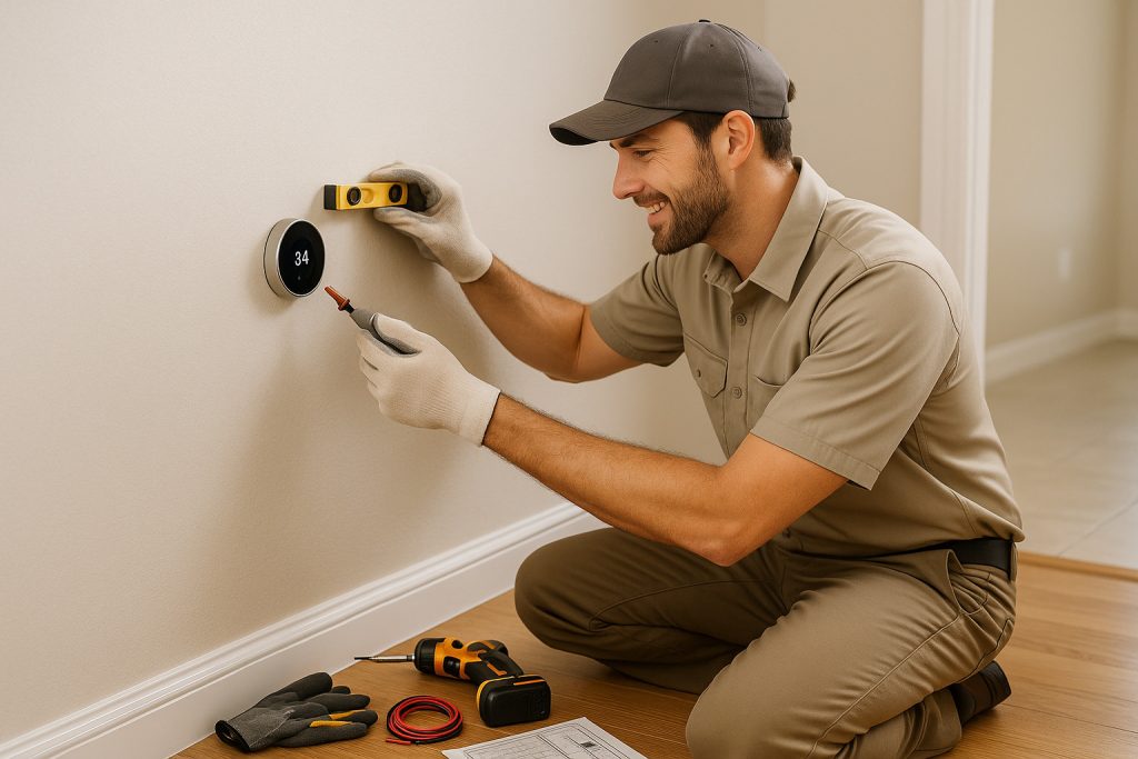 HVAC technician installs smart thermostat with tools and wiring visible in Naples home