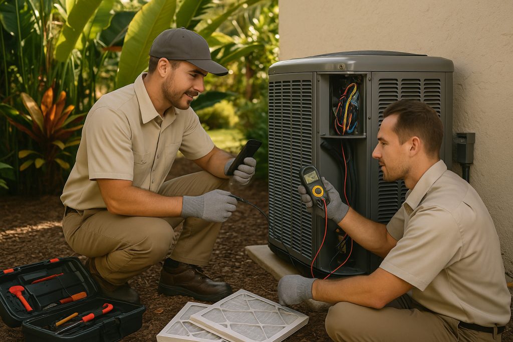 Technician tests outdoor heat pump unit wiring during maintenance in Sarasota