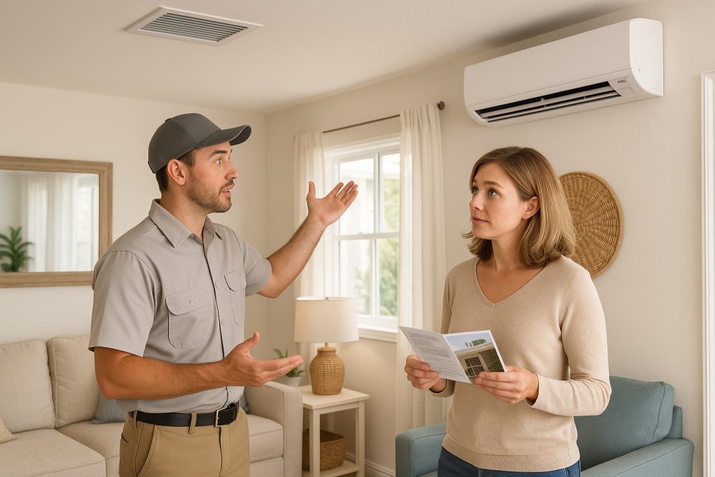Technician explains mini split vs ducted vent system to homeowner in Florida living room