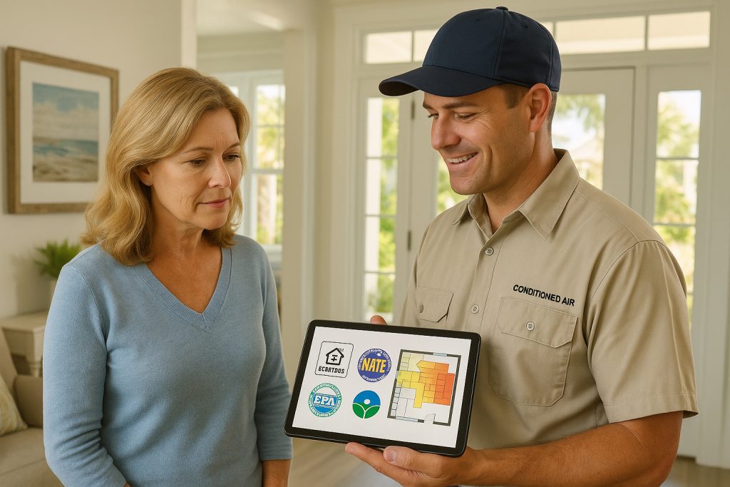 Homeowner reviews HVAC certifications and heat load diagram with technician in Florida home