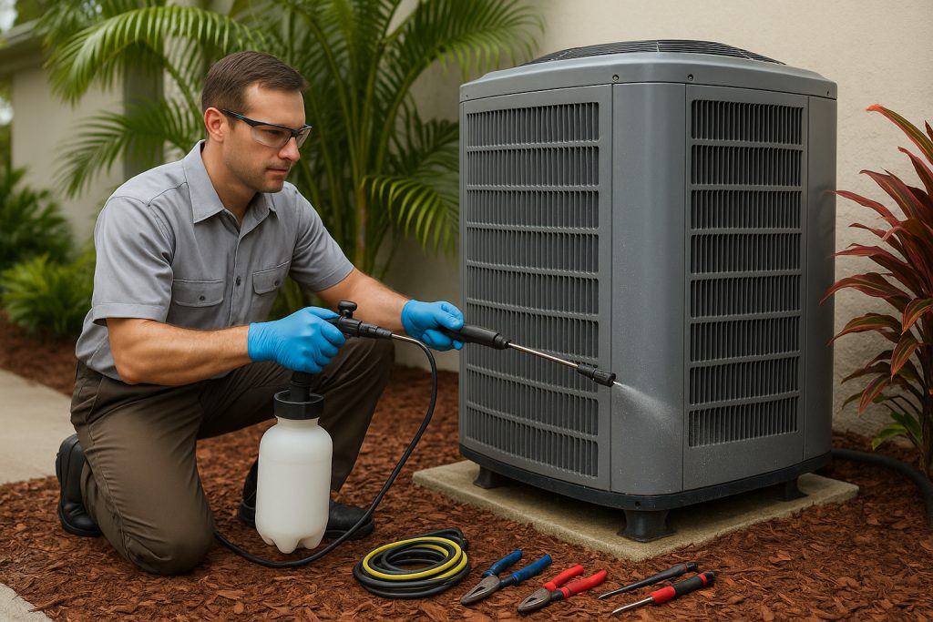 Technician pressure-cleans outdoor heat pump coil during maintenance visit in Sarasota