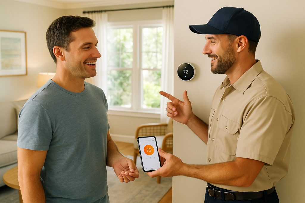 Homeowner and technician complete Google Nest thermostat setup in Florida home