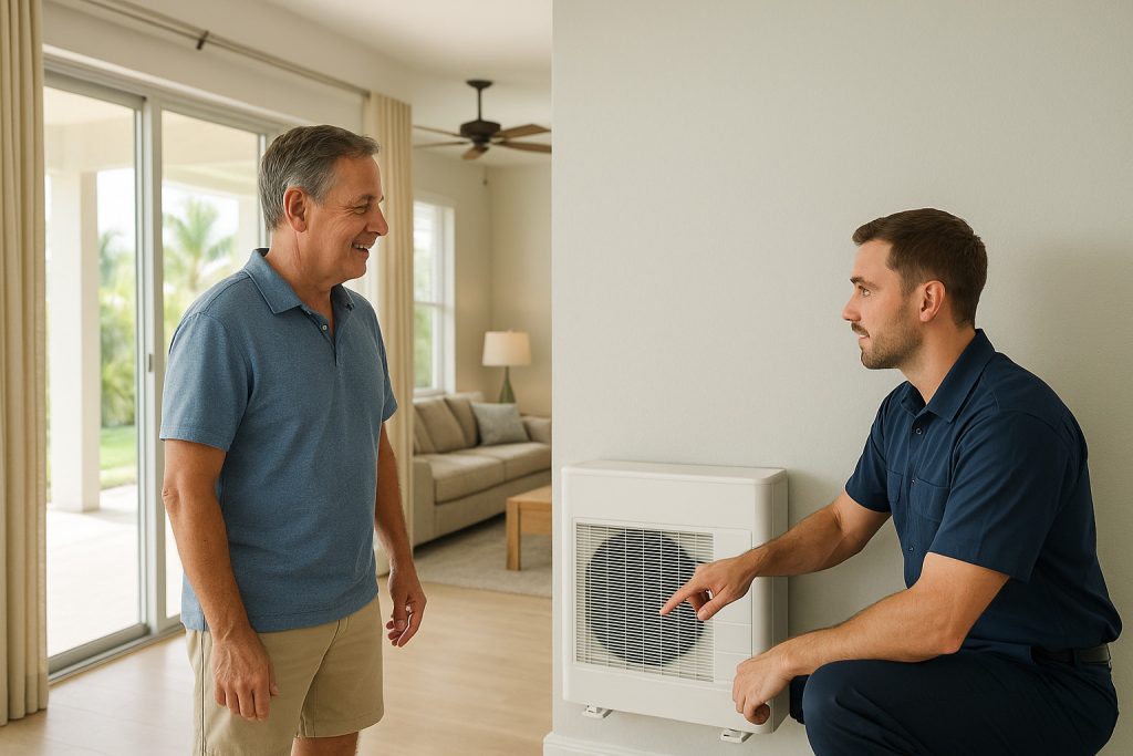 Homeowner consults with HVAC technician about new heat pump in Naples living room