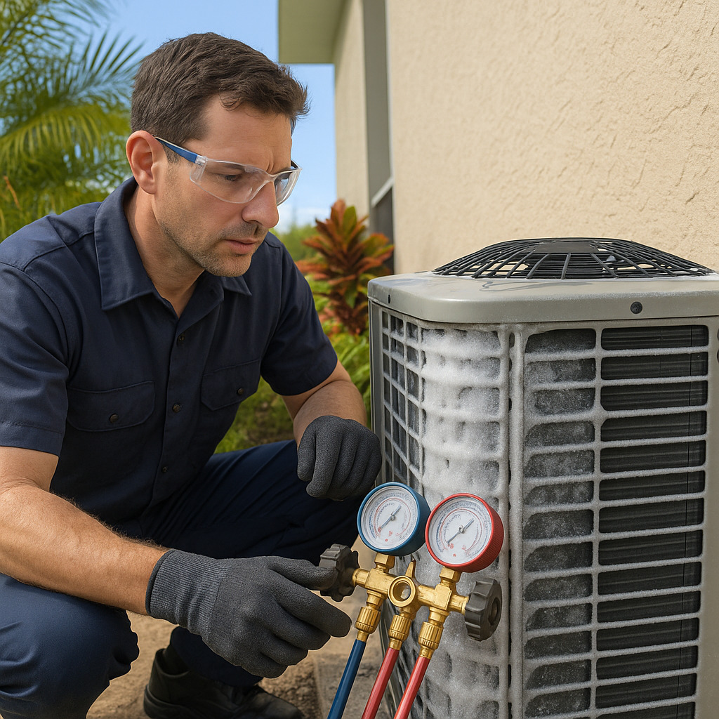 Technician checks refrigerant and coil frost on iced-over outdoor heat pump in Sarasota
