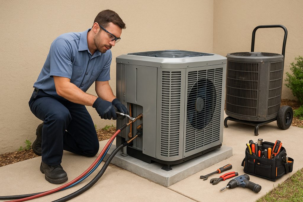 Technician installs new outdoor heat pump unit beside Florida home with old unit nearby