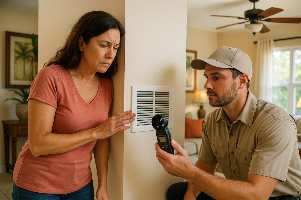 Homeowner observes technician testing airflow from weak heat pump vent in Florida home