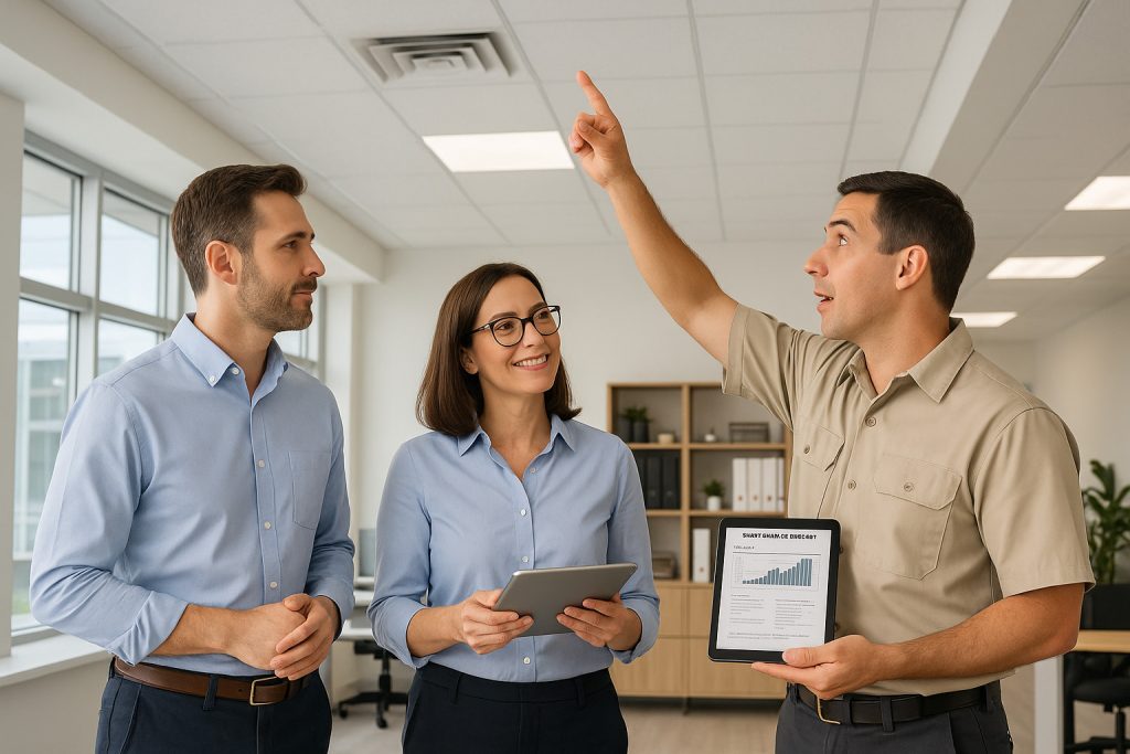 Tenant and property manager review HVAC report with technician in Sarasota office