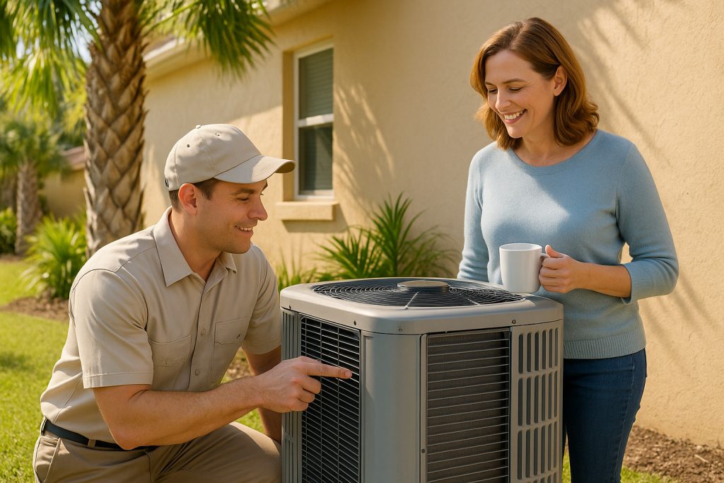 Technician explaining heat pump maintenance results to a Sarasota homeowner
