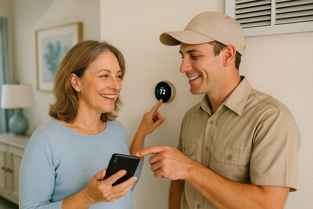 Homeowner and technician setting up a new smart thermostat in a Naples home