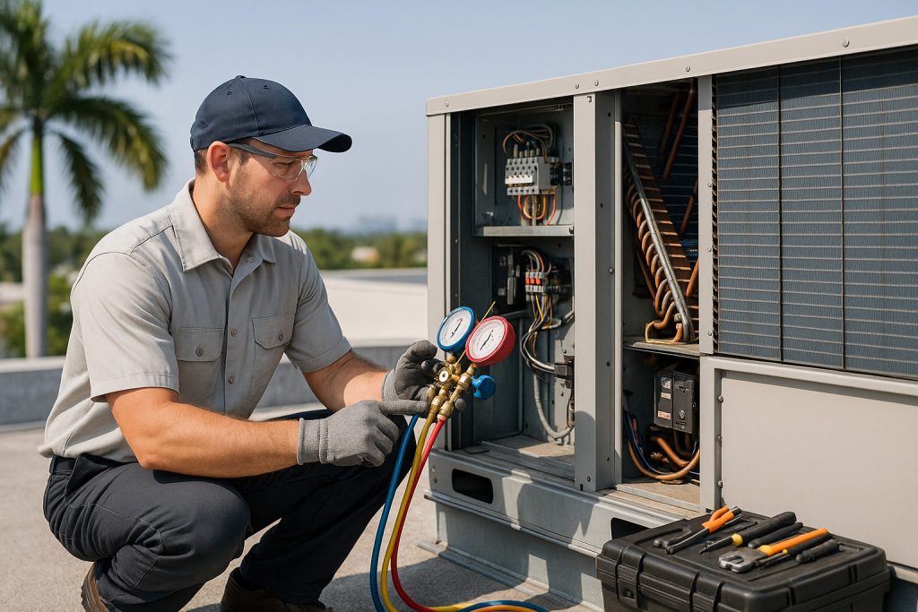 Technician inspects rooftop HVAC unit using manifold gauge on Naples commercial building