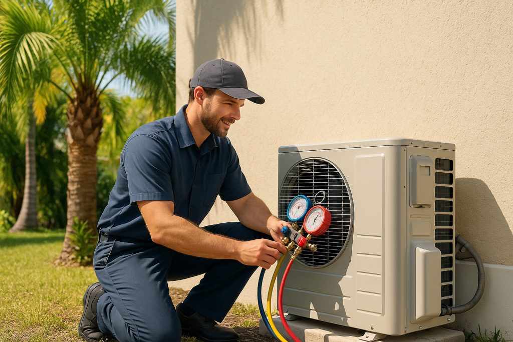 HVAC technician checking refrigerant levels on an outdoor unit in Sarasota
