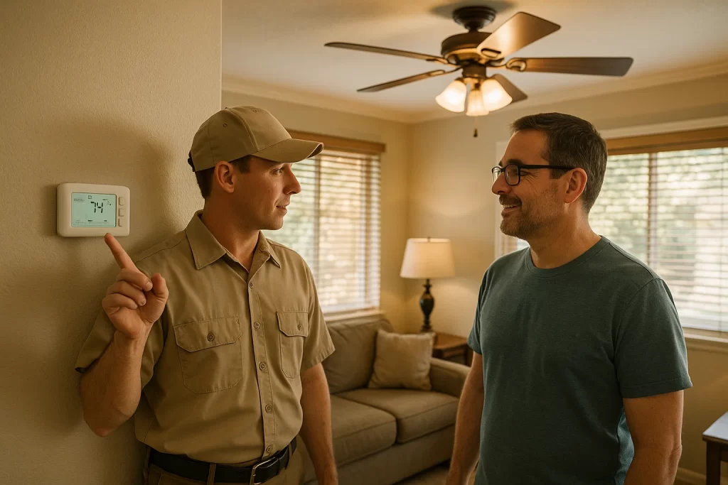 Homeowner and technician adjust programmable thermostat for efficient summer cooling