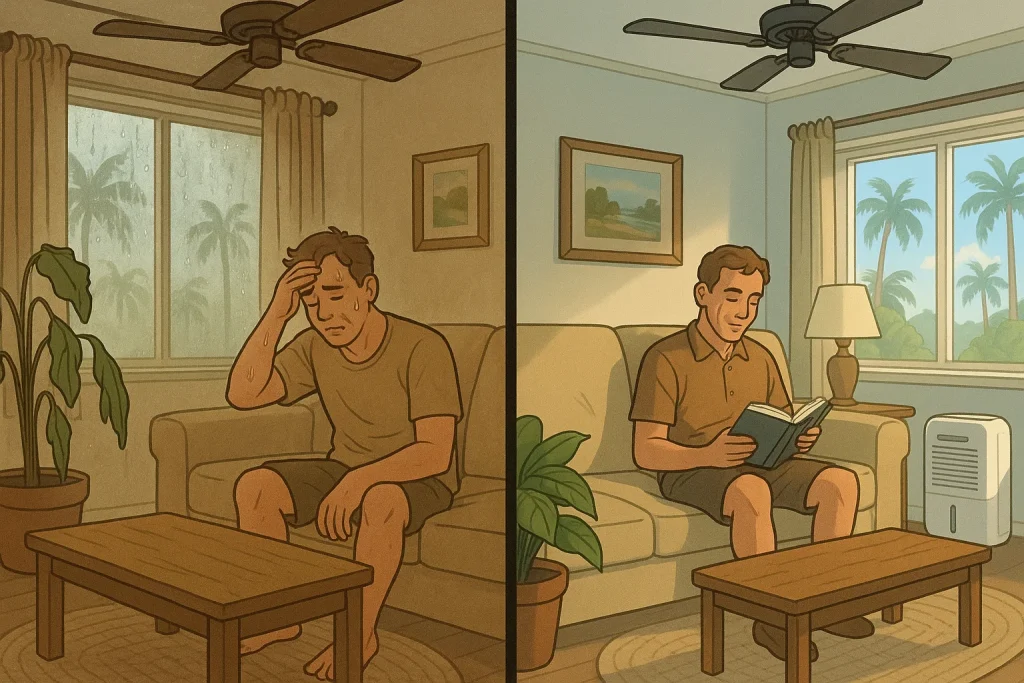 Split-scene shows difference in comfort with and without a dehumidifier during Florida summer