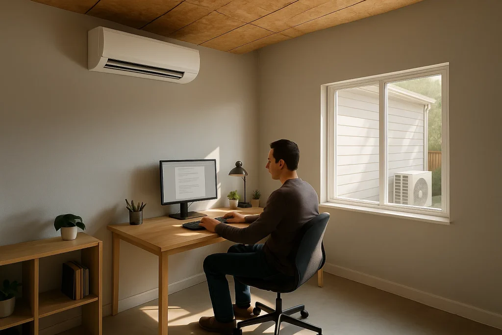Home office in converted garage with ductless mini split providing cooling above desk
