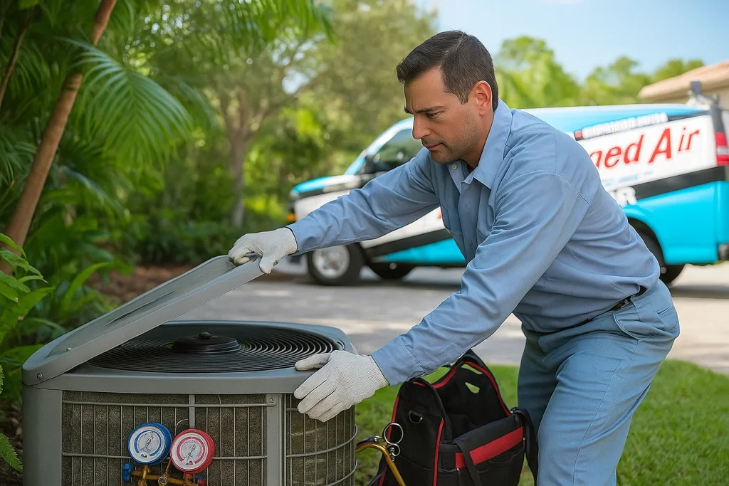 HVAC technician inspects condenser coils on Florida AC unit with tools