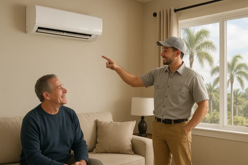 Homeowner and technician review heat pump operation in Southwest Florida living room