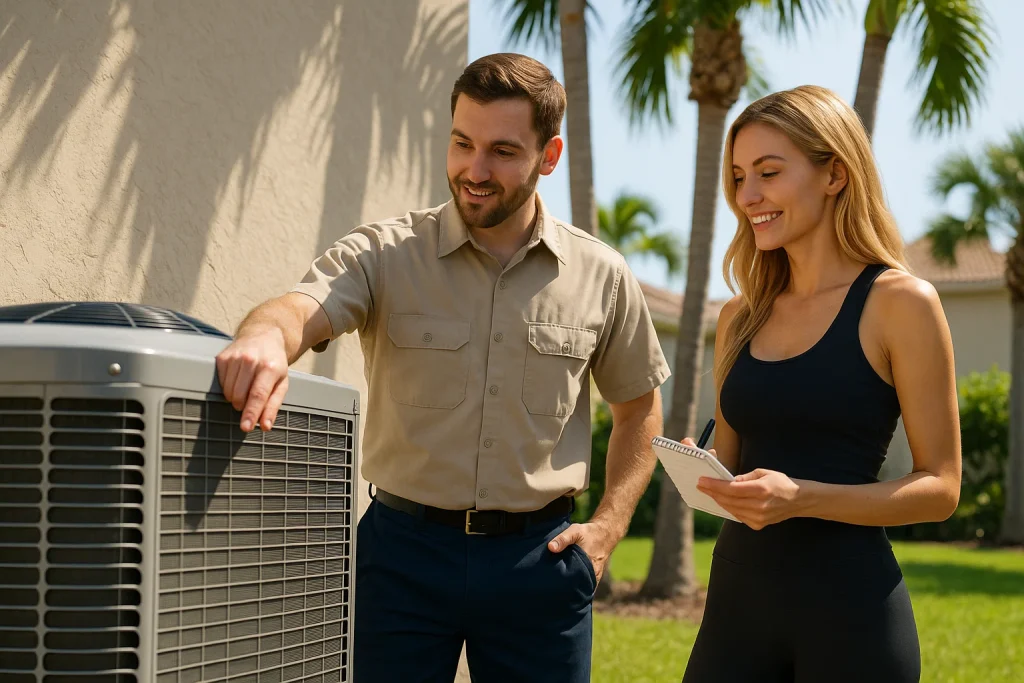 homeowner and technician inspecting clean AC condenser unit in Naples, Florida