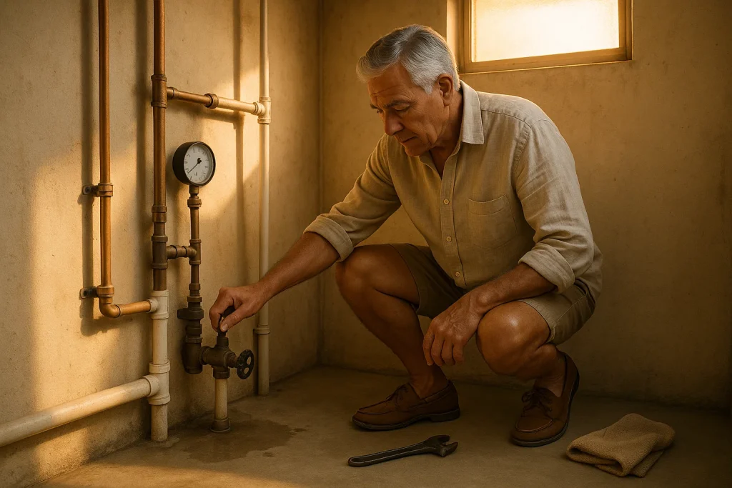 seasonal Florida homeowner carefully turning water valve in utility room at sunrise with plumbing tools nearby