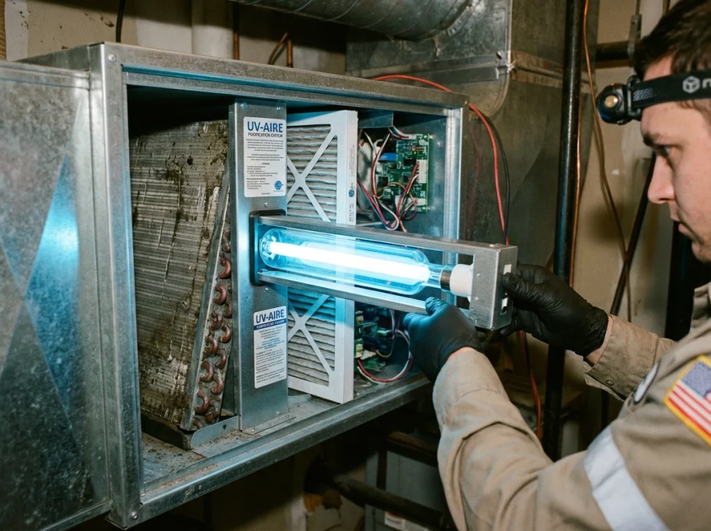 Technician installing HEPA filter and UV-C purifier in central HVAC system.