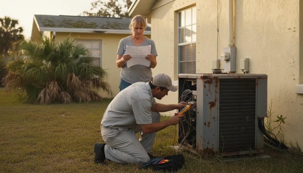 Homeowner and technician examining aging air conditioner with rising energy bills