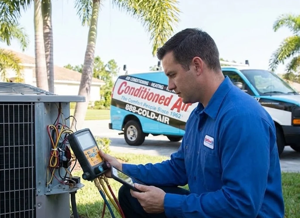 Technician performing AC maintenance as part of HVAC club visit to prevent summer breakdowns in Florida