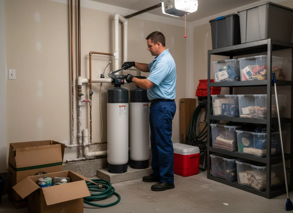 Plumber installing whole-home water softener to protect pipes from Florida hard water