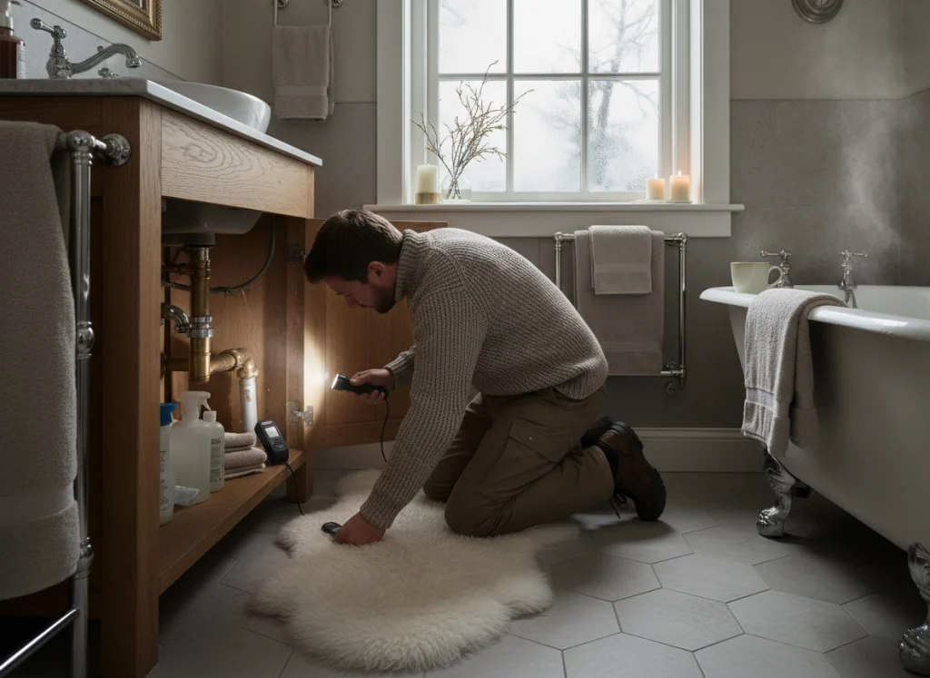 A homeowner checking for leaks under the bathroom sink.