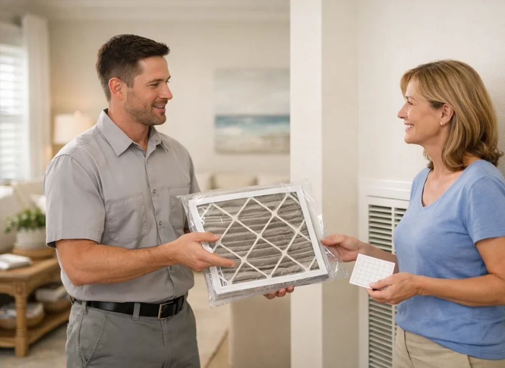HVAC technician explains air filter replacement to homeowner in Naples Florida home