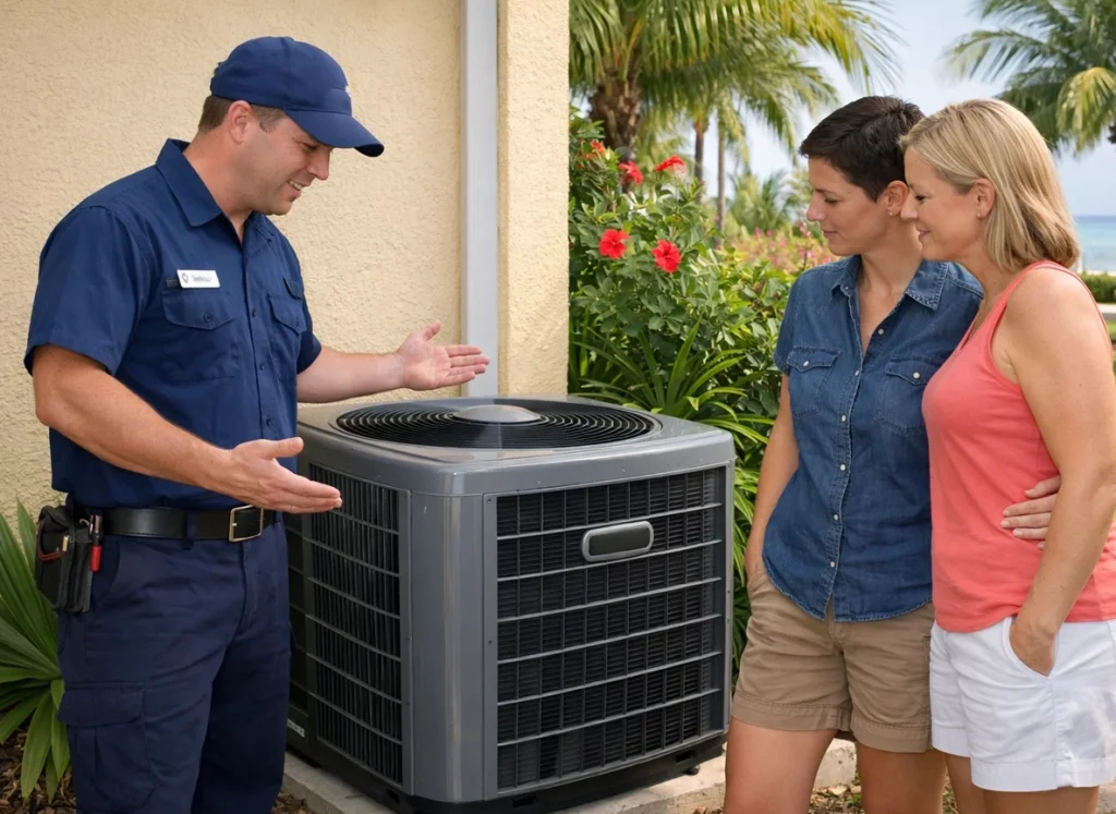 And each fact, technician presenting new AC condenser unit to a homeowner couple.