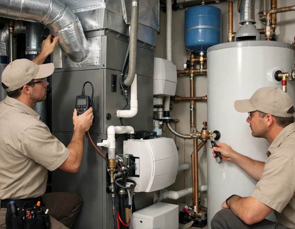 technician and plumber servicing home comfort systems