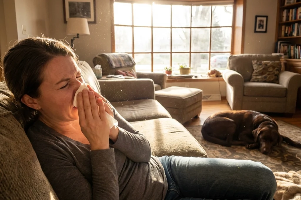 Woman, sneezing, and blowing her nose on the couch because of the dust and the pond