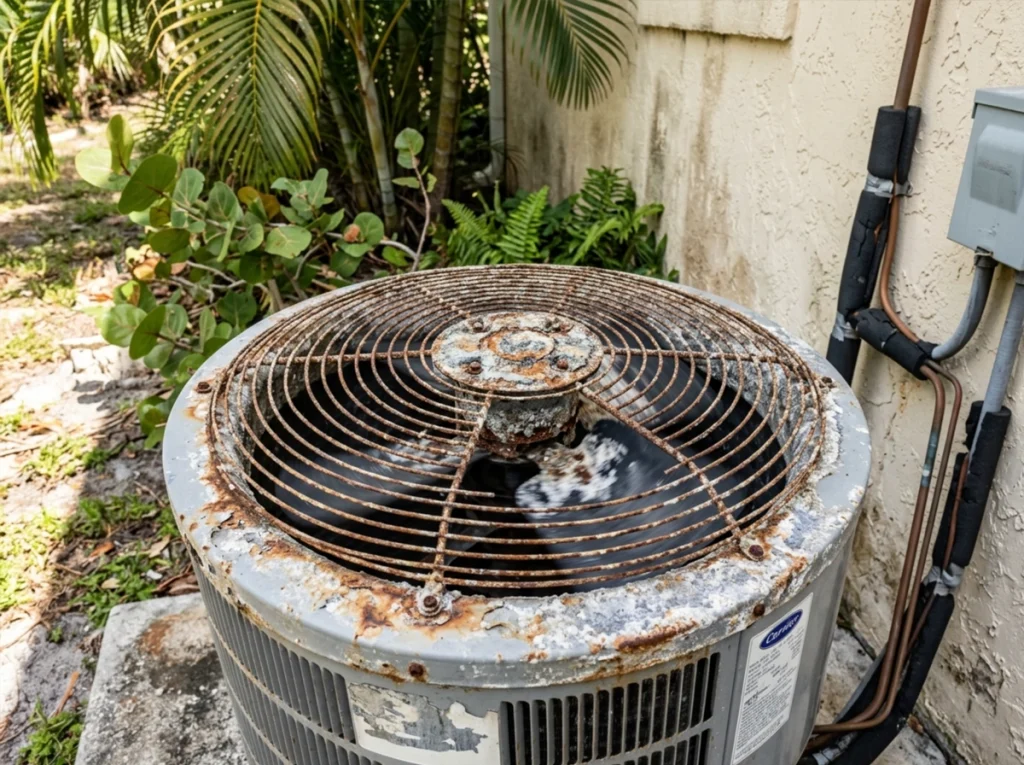 An AC condenser unit in Sarasota, Florida with salt buildup on and corrosion.
