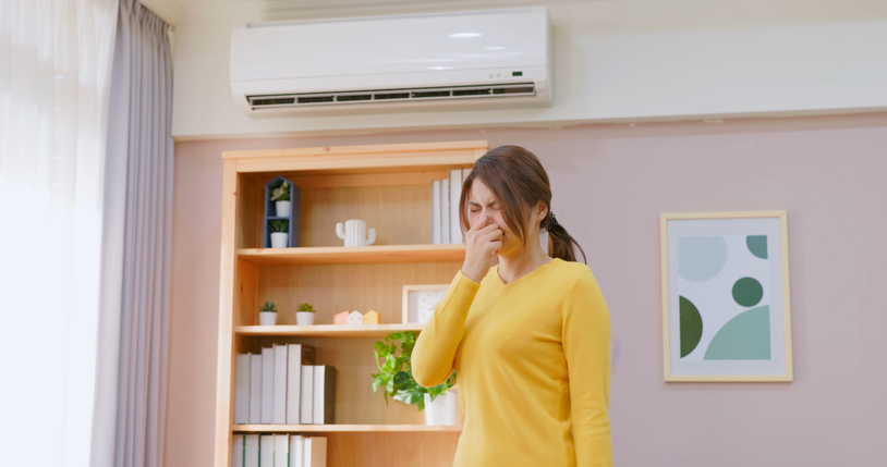 A woman in her modern living room, holding her nose to block a bad smell. Behind her on the wall is a ductless AC unit.